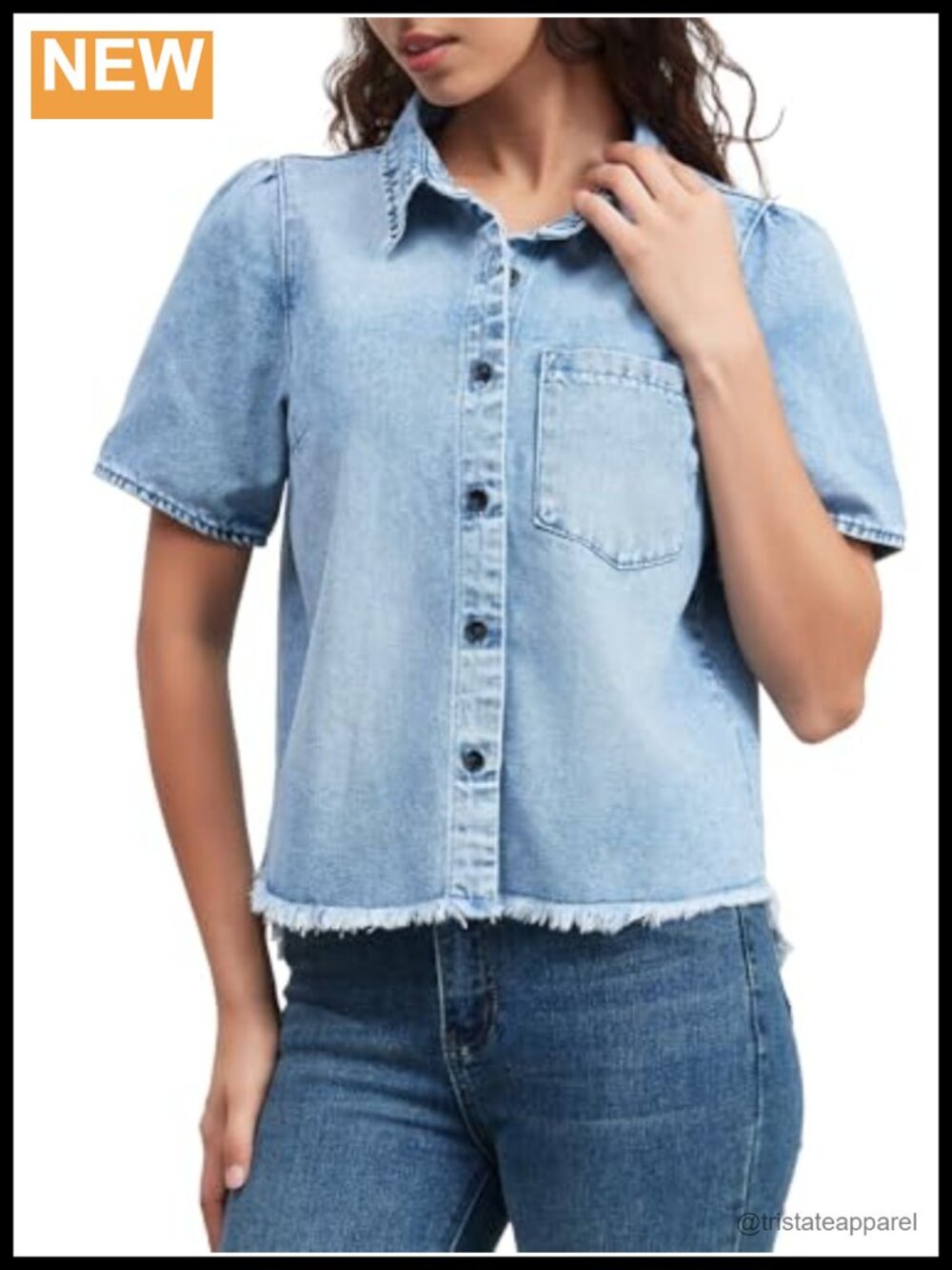 Denim Button Down Shirt Women Short Sleeve Fringe Hem Chambray Blouse